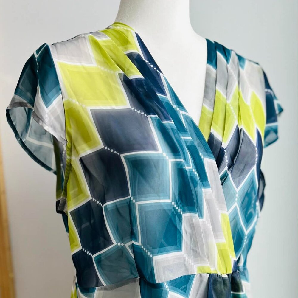 Banana Republic Teal Green & Gray Sheer Wrap Blouse with Flutter Sleeves – US XL